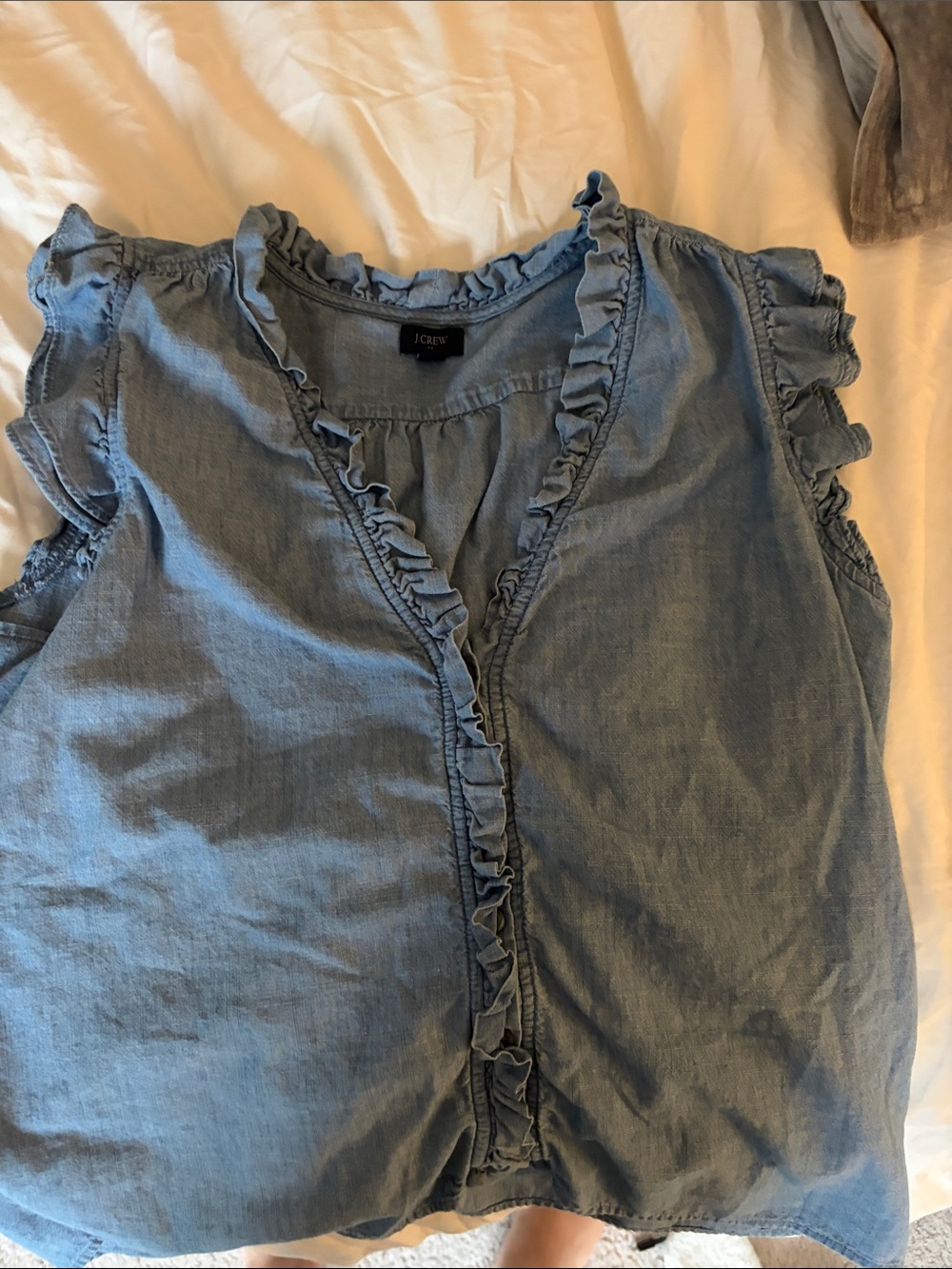 J. Crew Chambray Ruffle-Trim Sleeveless Top — Light Blue